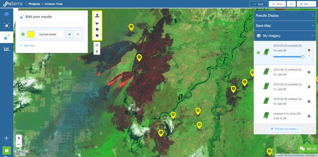 Forest fires detected with Picterra on European Sentinel-2 satellite imagery on August 25, 2019.