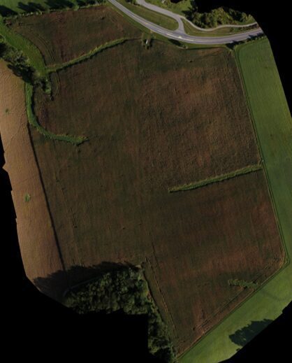 The image depicts a 43 acres (17 hectares) cornfield that was made by stitching together 393 photographs taken at nadir, i.e. pointing towards the ground.