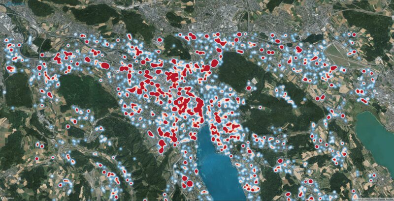 A heatmap showing solar panels detected over Zurich, Switzerland