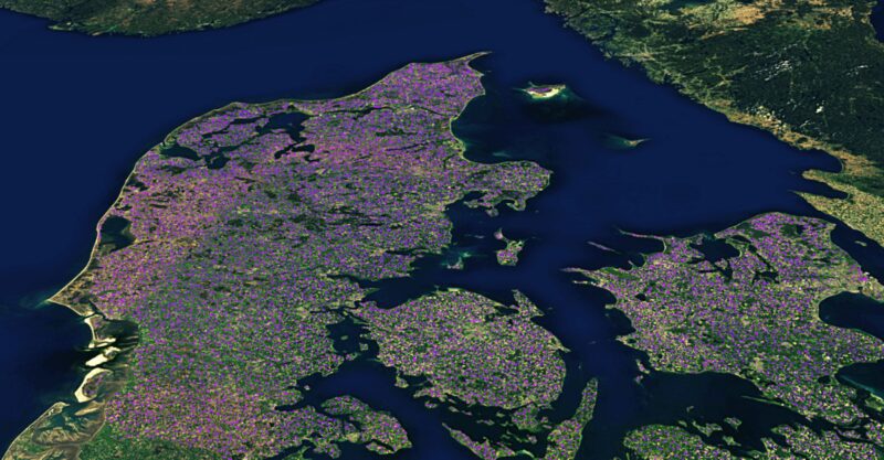 A map of Denmark with farms locationsraining