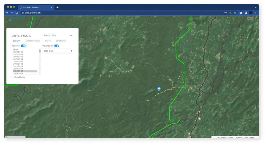 Web platform created for SGS by Picterra to visualize and manage deforestation detection results. The interface allows access to RBG imagery and detections for a specific date and region.
