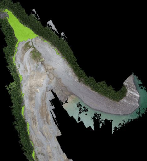 A screenshot of the Picterra platform delineating areas of detected landed woody debris as green polygons.