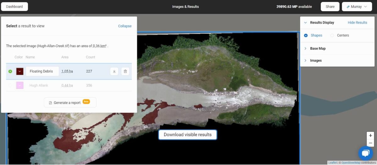 A screenshot of the Picterra platform, delineating areas of detected floating woody debris as brown polygons.
