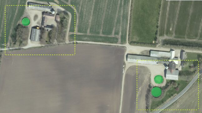 Example of training areas (yellow rectangles) with annotated slurry tanks (green circle).