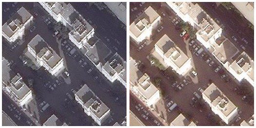 The WorldView-3 image on the left shows Algiers, Algeria, without ARD processing. The image on the right is the same image ordered through the ARD Order API.