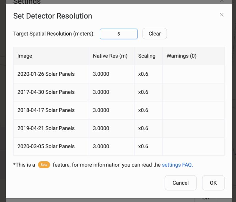 Setting up a detector resolution - Picterra interface