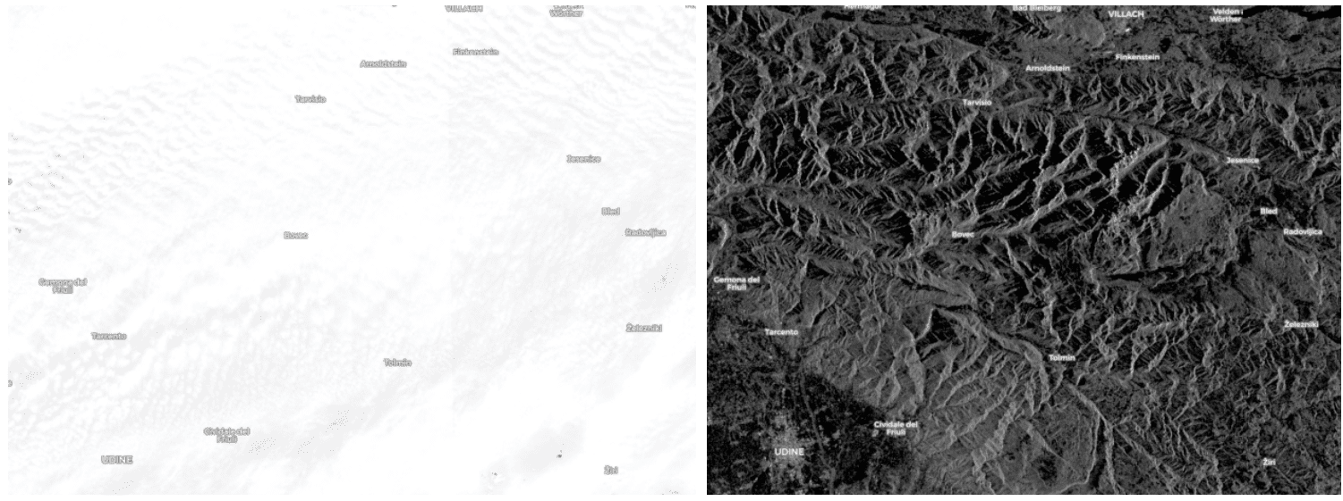 Two images over the same region (over a mountain range) and the same time, but on the left is the RGB image which is completely cloud covered, and on the right the SAR version, which sees through the clouds.